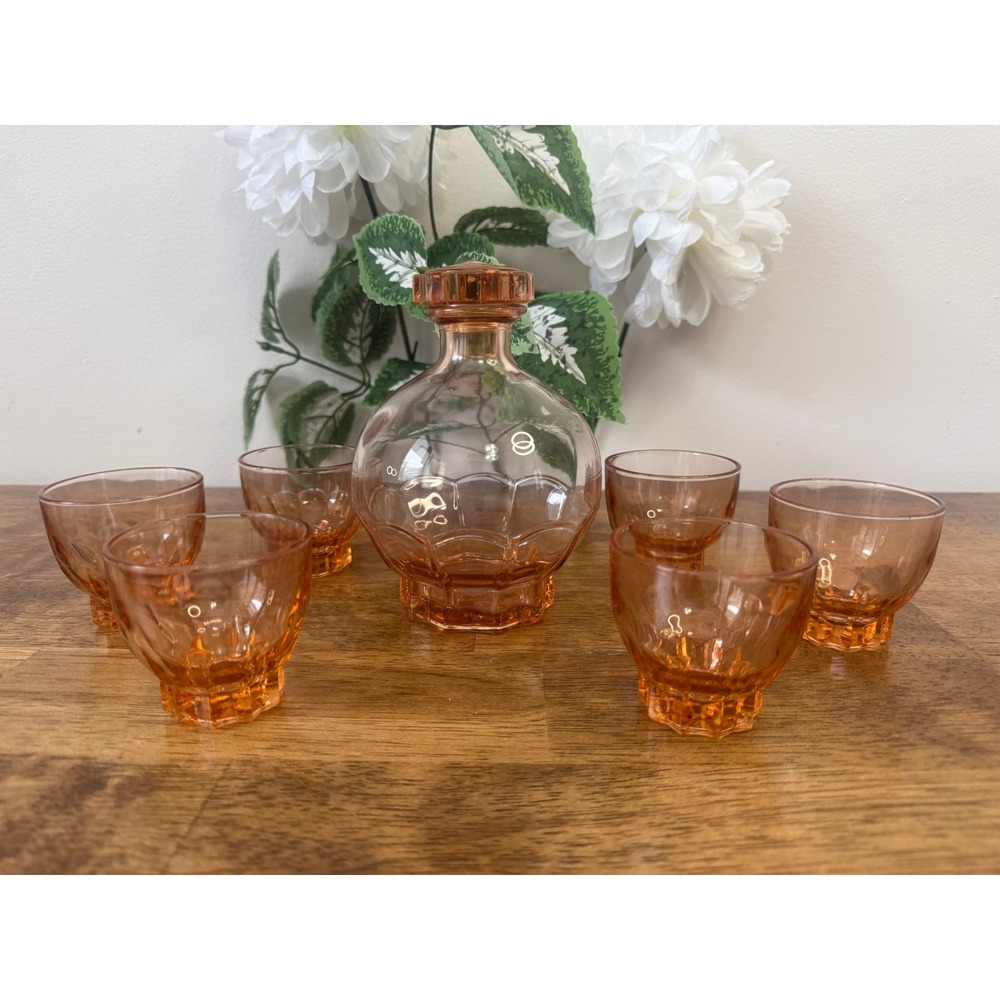 Vintage Pink Depression Glass Decanter Set Paneled Floral Whiskey Glass Bar Cart